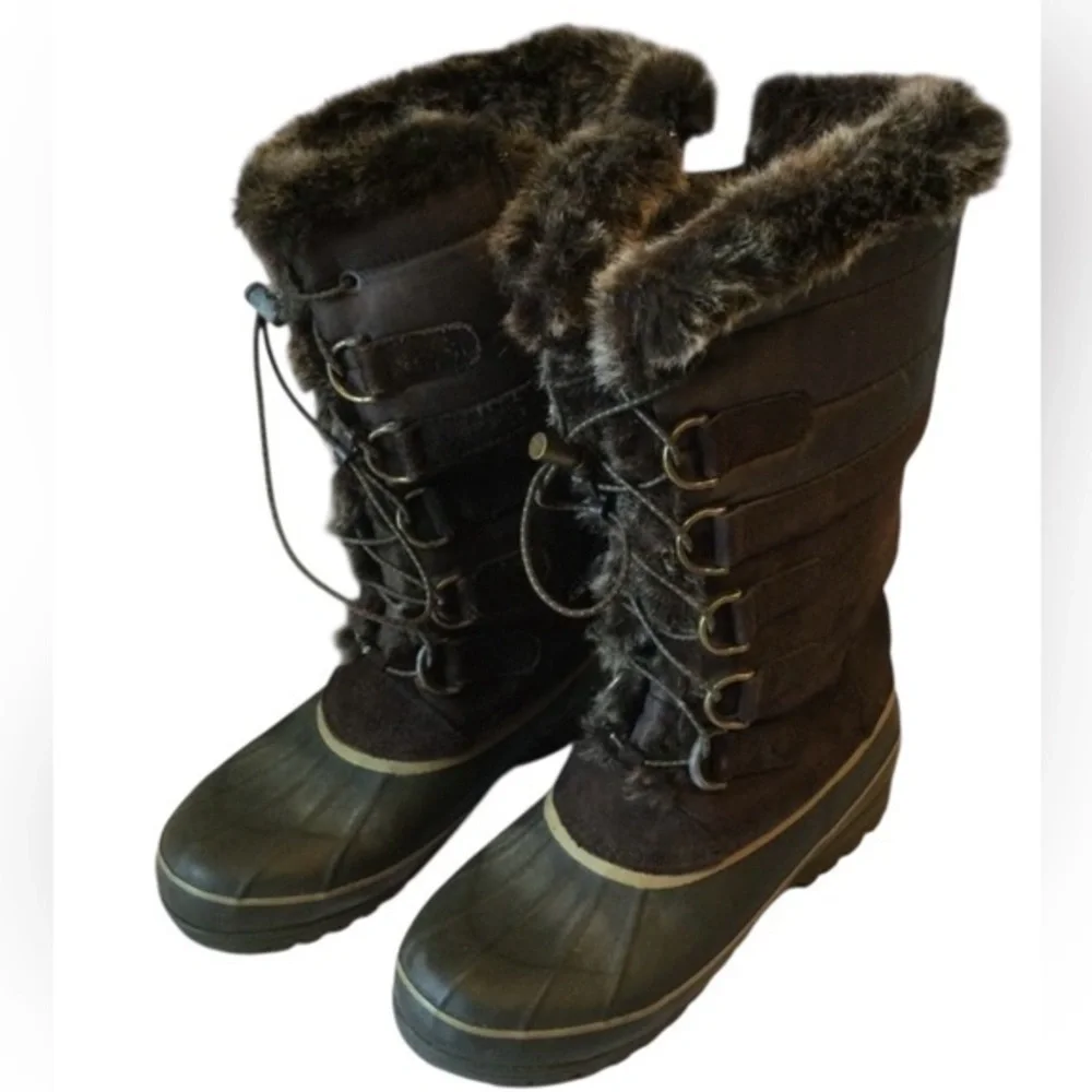 Lands End Women's Warm Brown Fabric & Suede Fur-Lined Winter Boots Zip Size 8.5